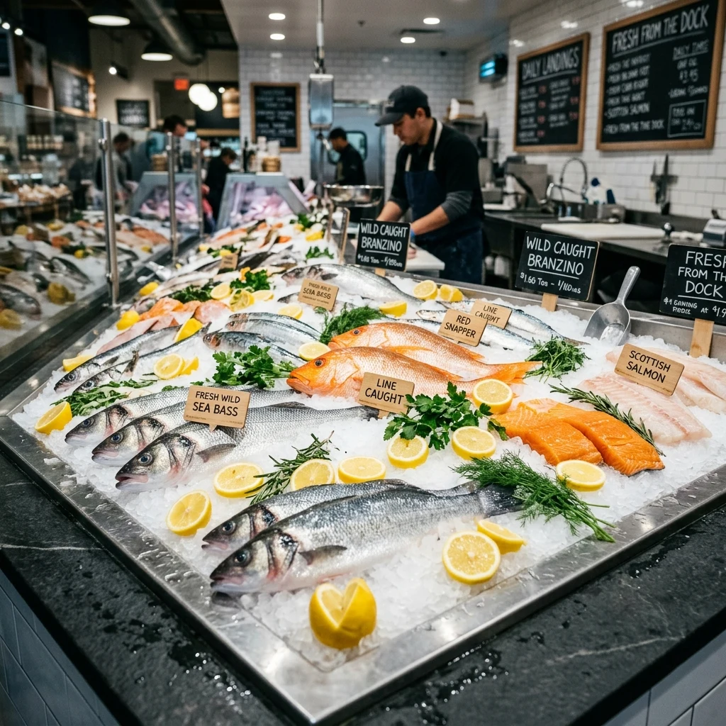 Fresh sea bream and salmon on ice