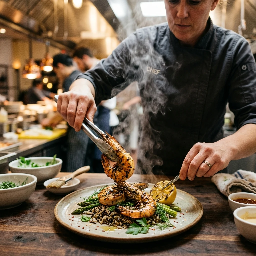 Chef plating grilled seafood