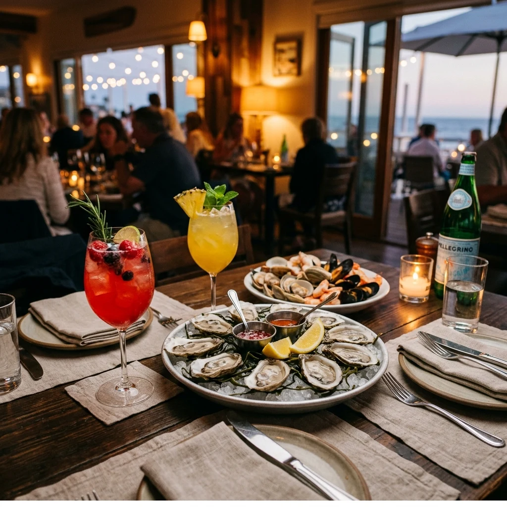 Cocktails and oysters on table