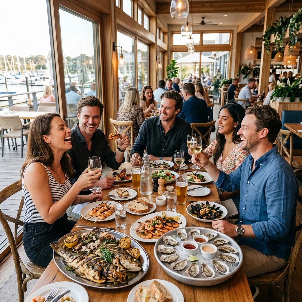 Friends enjoying seafood dinner
